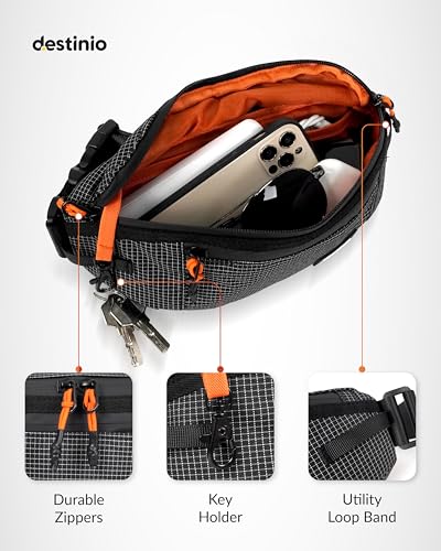 Image of Destinio Waist Bag for Men & Women | Travel Fanny Pack Pouch with Waterproof Zippers & Back Pocket | Anti-Theft Design, Key Holder, Adjustable Strap | Hip Bag for Hiking, Gym, Passport (Orange Zipper)