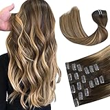 HUAYI Hair Extensions Real Human Hair Ombre Medium Brown with Caramel Blonde Balayage 120g 18 inch Highlights 100% Human Hair Straight Woman Beauty Clip ins #4/27/4 Balayage Brown to Blonde