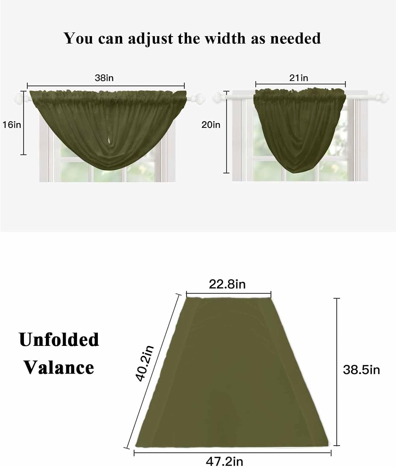 LooPoP Waterfall Valances for Windows Green Solid Color Swag Valance Curtains Dark Olive Sheer Valance Window Treatment for Living Room Kitchen Bedroom Bathroom Rod Pocket Curtain Drape 3 Panels