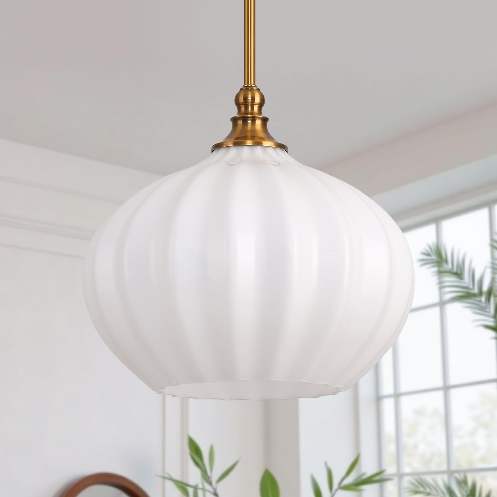 Photo 1 of Pandaluna Milk Glass Pendant Light, 11.8in Pendant Lights Kitchen Island, Schoolhouse Hanging Lighting Chandelier for Kitchen Island Dining Room Bedroom, Thick-Ribbed White & Antique Gold 1 Pack