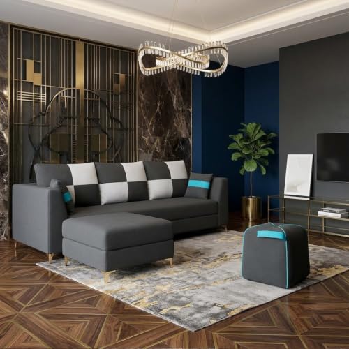 Image of FURNY Signature Cresta 5-Seater L-Shape Sofa Set with Movable Ottoman & Suri Pouf | Flexible LHS /RHS Layout | Boston Fabric | 40D Foam + Zigzag Spring | 3-Yr Warranty (Ash Grey - Light Grey)