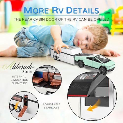Image of 1:32 Tesla Cybertruck with Pickup Trailer Alloy Car Model Scale Diecast Metal Off-Road Vehicles Truck Model Sound and Light Kids (Green)