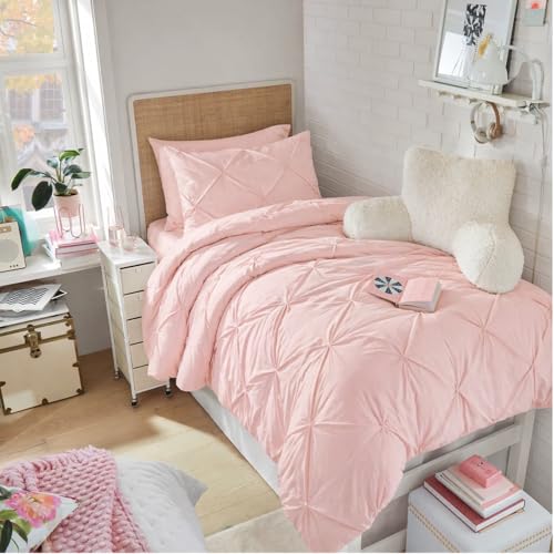 Maple&Stone Twin XL Comforter Set Extra Long 5 Pieces Dorm Bedding Sets Bed in a Bag with Pintuck Comforter Sheets Pillowcase & Sham - Pink