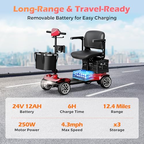 Foldable 4-Wheel Mobility Scooter for Adults – Portable Motorized Scooter with 330 lbs Capacity, Detachable Battery, Dual Baskets, Cup & Phone Holder, Red