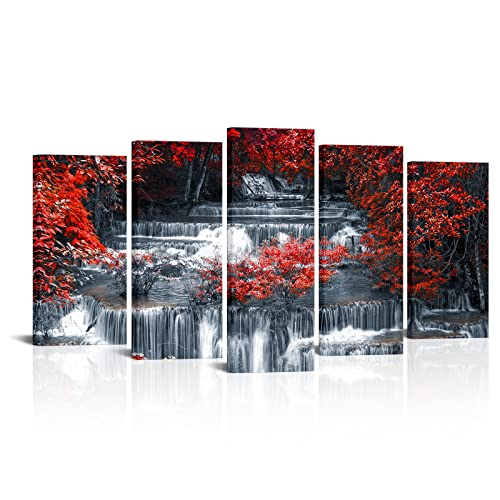 Visual Art Decor 5 Pieces Canvas Wall Art Black And Red Waterfall Landscape Picture Prints Modern Home Office Wall Decoration Framed Ready To Hang, Large #TOP15