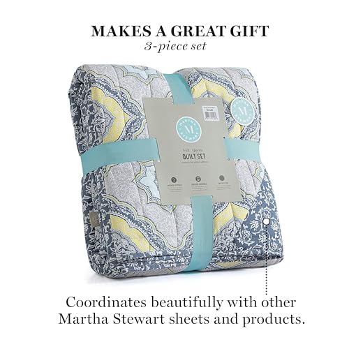 Martha Stewart 887719211060 Full Queen Size Quilt Bedding Set - 3 Piece, Soft Washed Microfiber, Printed Bedspread, Reversible, All Season, 1 Quilt, 2 Standard Pillow Shams, Blue & Gray, Jamie Medallion Print thumb #2