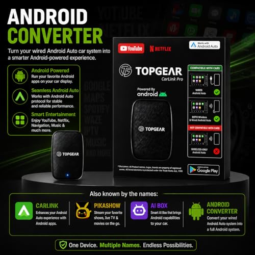 Image of TOPGEAR Ai Box for AA | Carlink | Android Converter | Picasso | Smart Car Media Box | for Wired Android Auto Cars Only | 16GB Storage | Plug & Play AA Protocol Adapter | Upgrade Your Car Infotainment