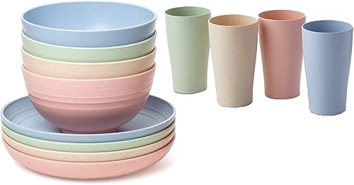 Jaquiain Juego de vajilla de paja de trigo, cuencos ligeros reutilizables irrompibles, tazas, platos, juego de cubiertos de cocina