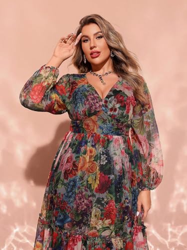 Image of Spring Summer 2024 Plus Size Womens Dresses V Neck Casual Elegant Long Sleeve Floral Print Maxi Dress