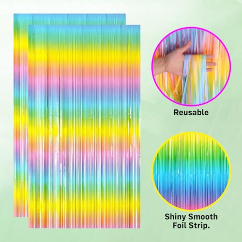 Image of Party Propz Multicolour Fringe Foil Curtains for Birthday Decorations - 2Pcs Pack, 3Ft x 6Ft Each, Rainbow Backdrop for Unicorn Theme Party, Baby Shower, Kids Birthday
