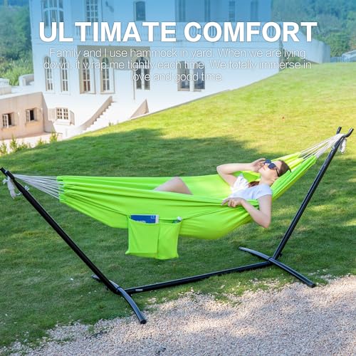 Image of PNAEUT Double Hammocks with Stand for Outside, Portable Space Saving Heavy-Duty Steel Stand for Indoor Outdoor Patio with Carrying Bag, 450 lbs Capacity (Green)