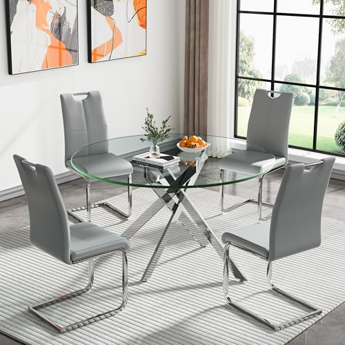 Maxtude Round Dining Table Set for 4, Modern 47.2" Circle Dining Room Table and Chairs Set, Silver Glass Kitchen Table with 4pcs Gray Dining Chairs, 5 Piece Dining Set for Kitchen Living Room