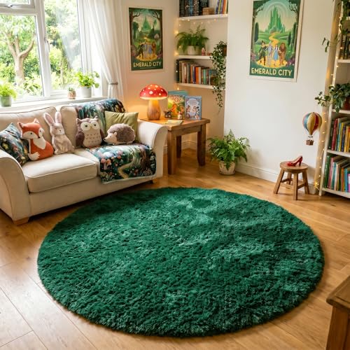 Amdrebio Dark Green Fluffy Round Rug 5Ft - Plush Furry Circle Rug