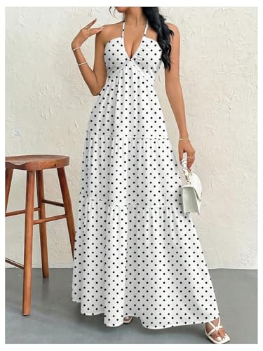 Image of SHENHE Women's Deep V Neck Tie Knot Backless Halter Dress A Line Flowy Ruffle Maxi Dress