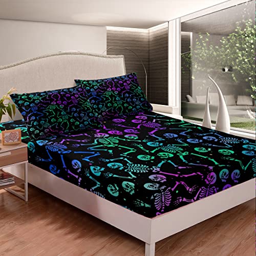 Erosebridal Sugar Skull Bed Sheets Halloween Sheet Set King Size Green Blue Purple Ombre Fitted Sheet For Kids Boys Girls Skeleton Bones Bedding Set Soft Horror Theme Bedroom Decor 4Pcs thumb #2
