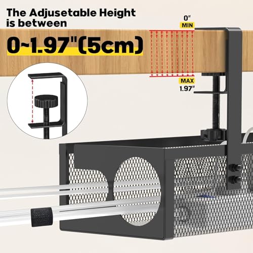 Image of Under Desk Cable Management Tray with Clamp, No Drill Metal Mesh Cable Organizer Rack for Desk Wire Storage, Computer Cord Holder Basket for Office Home Workspace Setup