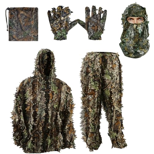 Zicac 5 Pcs Ghillie Suit 3D Leaf Camouflage Uniform Mask Gloves Storage Bag Set Suitable for Outdoor Hunting Wildlife Photography CS Game Ghillie Suits Suitable for Children
