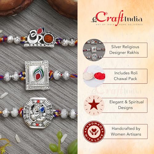 Image of eCraftIndia Set of 3 Rakhi Combo Hamper | Om Krishna Peacock Feather Lord Ganesha Silver Religious Designer Rakhis | Roli Chawal Pack