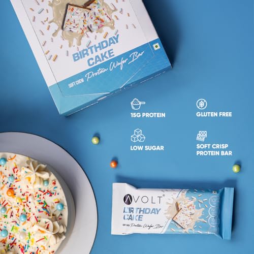 Image of Avolt Birthday Cake Protein Bars with 15g Protein | Pack of 6 x 50g each | High Energy Wafer Bars, No Added Sugar | 100% Veg | Guilt-Free Bar for Fitness & Immunity Booster