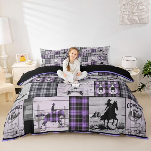 Erosebridal Purple Western Queen Comforter Cover for Girls Country Cowgirl Bedding Set Wild West Bull Horse Duvet Cover for Kids Teen Women,Rustic Farmhouse Buffalo Plaid Bed Set Room Decor 3 Pcs