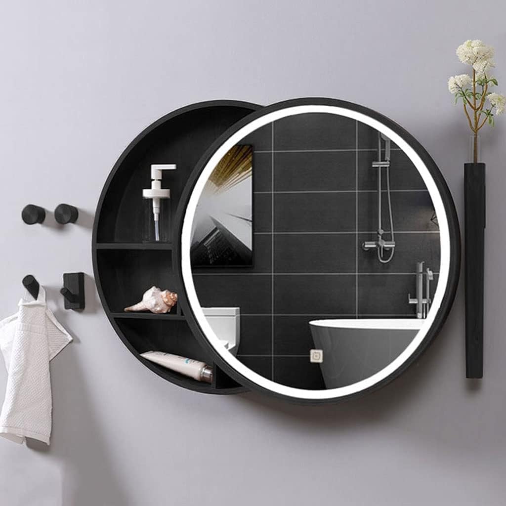 Sliding Bathroom Mirror Cabinet with Lights, Solid Wood Smart Anti-Fog Storage Mirror, Dressing Round Mirror Wall Mounted (Black 60cm Bathroom Mirror)