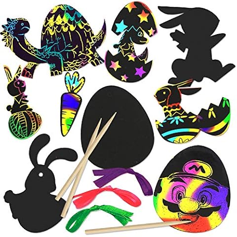 FINGOOO 48 pieces Easter Scratch Art Ornaments Magic Art Scratch Card Egg Decorations Cut-Out Easter Crafts doodle game For Kids Cover