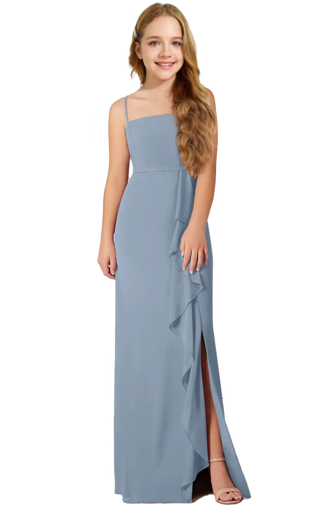 Augday Chiffon Juniors Bridesmaid Dresses with Slits Spaghetti Straps Flower Girl Dresses Wedding Party Dress UJR002