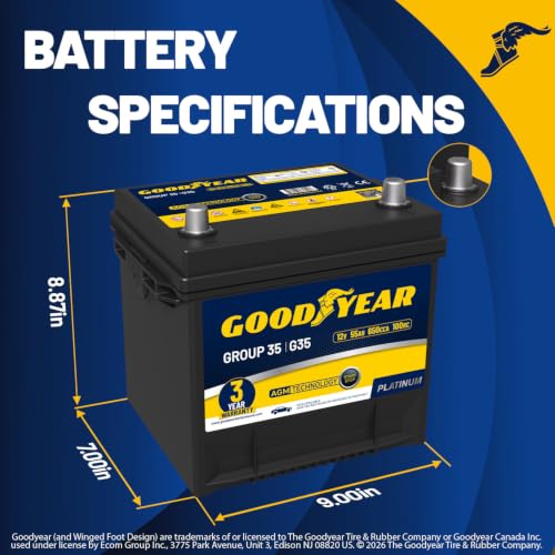 Image of Goodyear 35-AGM BCI Group Size 35 12V 55 AH, 100RC, 650 CCA Platinum series Rechargeable AGM Maintenance Free Automotive Battery