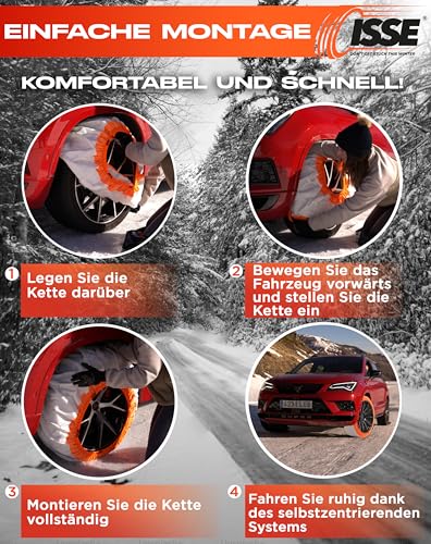 Schneeketten ISSE Super T-70 | Homologierte - EN 16662-1 - Textil-Schneeketten für Autos - Universelle Ketten für den täglichen Einsatz bei Schnee und Eis - Kit mit 2 Schneeketten + Handschuhe