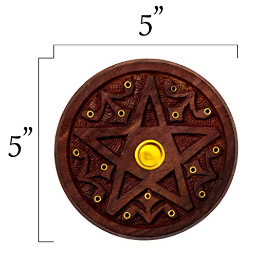 Pentagram Round Wooden Incense Burner - Handcrafted Incense Holder For Up To 15 Incense Sticks And 1 Incense Cone - Features Brass Plate And Brass Grommets - 5 Inches Wide #TOP5