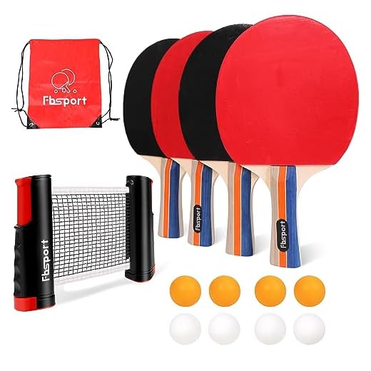 FBSPORT Ping Pong Paddle Set, Table Tennis Set with 4 Rackets and 8 Balls, Retractable Net with Storage Bag - Pingpong Paddle Accessories for Indoor/Outdoor Games