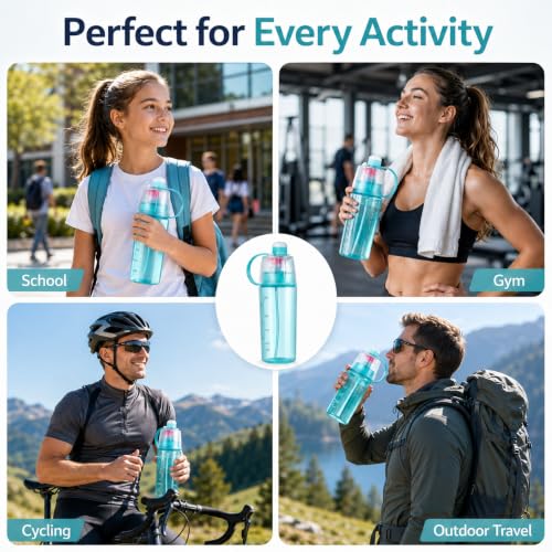 Image of Spray Water Bottle 600ml for Kids, 2-in-1 Mist & Drink Sports Sipper Bottle with Straw, Leakproof BPA Free Plastic Cooling Spray Bottle for School, Gym, Cycling, Travel, Outdoor Summer Water Bottle