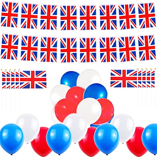 AhfuLife Union Jack Flags Set 30pcs British Banners 10m Bunting 10pcs Union Jack Handheld Flags and 30pcs Red White Blue Balloons for World Cup Football Street Garden Party Decorations