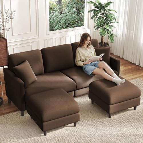 Image of Welzona 83 inch Couches for Living Room, Teddy Sofa Couch with Storage Ottomans, U Shaped Couch with Movable Ottomans, Tool-Free Modular Sectional Sofa, All-Wood Sofas for Living Room 2 Pillows, Khaki
