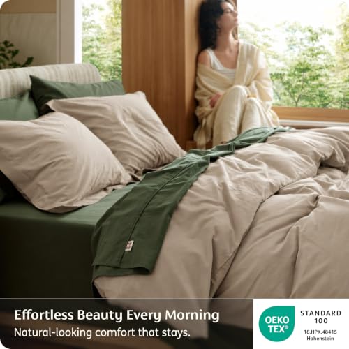 Image of Bedsure PureWoven 100% Washed Cotton Duvet Cover Set, Full Size, 3-PC | Linen Like Texture, Percale Breathable Bedding Set for All Seasons, Zipper Closure, 8 Corner Ties, Frosted Almond, 80 inch x 90 inch
