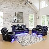 Ocstta Power Leather Recliner Sofa Set with LED Lights,Living Room Furniture Set, Breathing Leather Sofa Couch with USB Port/Storage Console/Cup Holders (3 Pieces Reclining Sofa Set, Black)