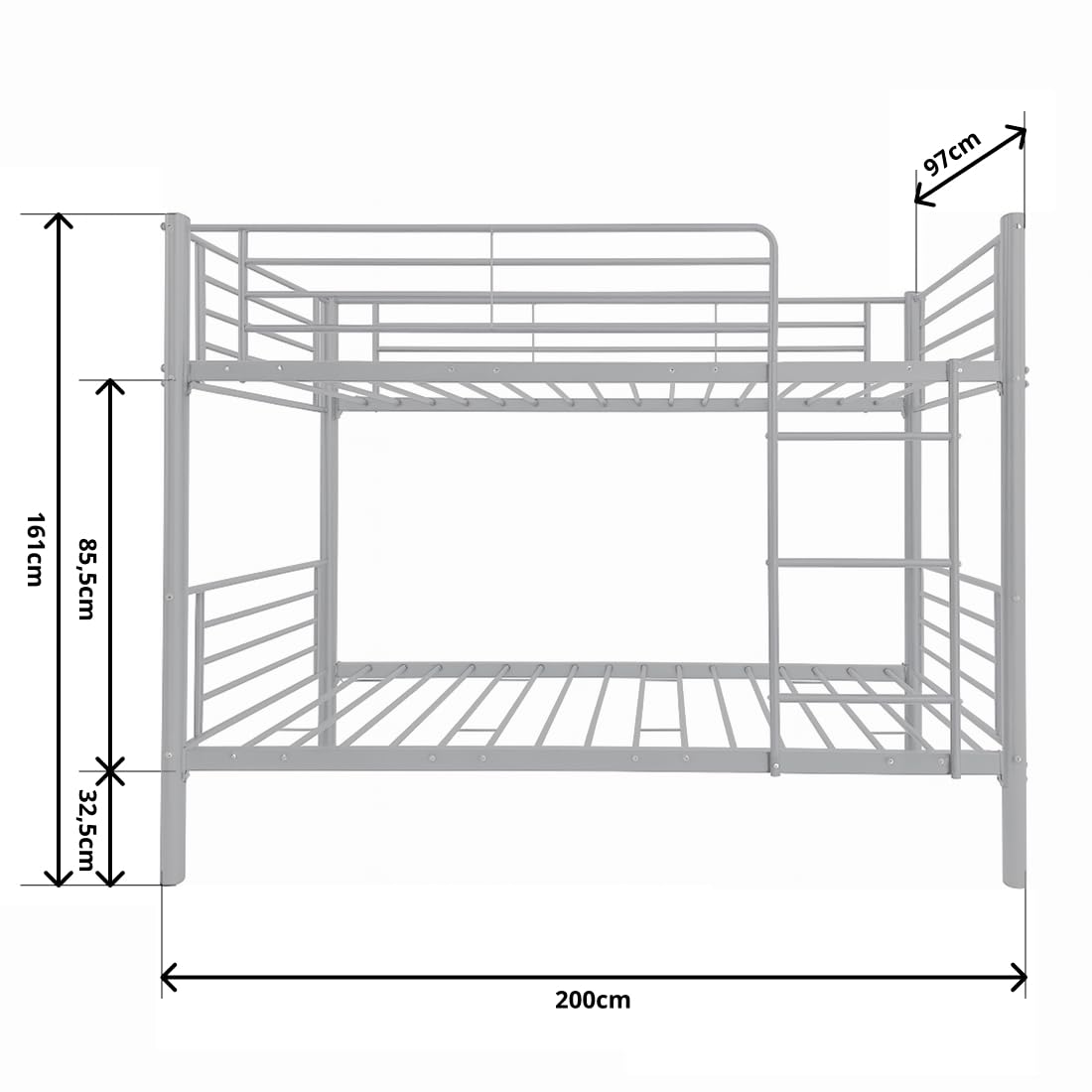 Acomoda Textil – Litera Metálica Doble 200x97x161 cm. Cama Infantil y Juvenil con Escalera Lateral y Barandilla Seguridad Resistente y Compacta para Dormitorio (Litera)