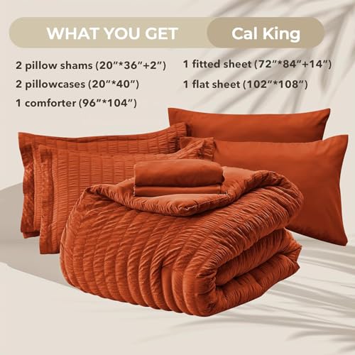 Image of HYMOKEGE Burnt Orange California King Comforter Set Seersucker 7 Pieces, All Season Luxury Bed in a Bag for Bedroom, Bedding Set with Comforters, Sheets, Pillowcases & Shams