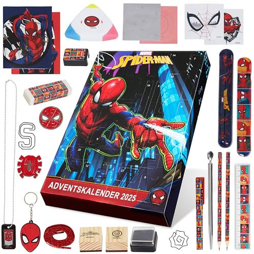 Preisvergleich Produktbild Marvel Spiderman Adventskalender 2025 Kinder Teenager mit Schule Zubehör Bleistifte Schlüsselanhänger Stempel Spielzeug Geschenk Idee (Spiderman Mehrfarbig)