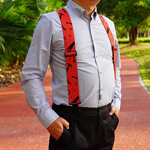 Image of MELOTOUGH Men's Suspenders Fully Elastic 2 inch Wide X back Heavy Duty Work Suspenders for Jeans (Red Hand Tools & Yellow Rule)