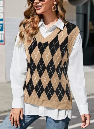 Hocosit Women's V Neck Argyle Plaid Preppy Style Knit Sweater Vest College Sleeveless Crop Knitwear Khaki Large #TOP1