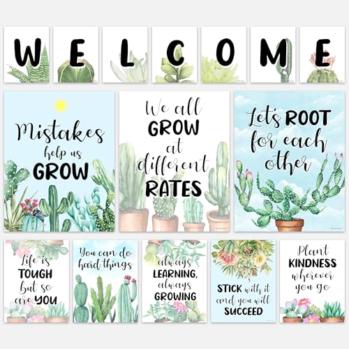 Image of Decorably 15 Welcome Cactus Classroom Decor, Inspirational, Matte-Laminated Posters - for School, Hallways, Bulletin Boards