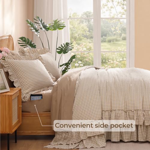 Image of AMBERSPACE Queen Comforter Set Gingham Ruffle Tan 7 Pieces Bed in a Bag
