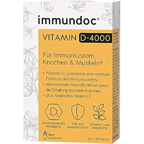 immundoc VITAMIN D 4000 Kapseln 30 Stück | Nahrungsergänzung hochdosiert | Vitamin D3 - Vitamin C | normale Muskelfunktion - Erhaltung normaler Knochen | Unterstützung des Immunsystems Cover