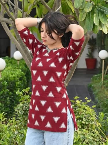 Image of Pinkmint Women's Cotton Blend Printed Short Kurti, Hip-Length Ethnic Tunic for Women, 3 /4 Sleeve Notch Neck, Casual, Office (Available in Plus Sizes & Combo Pack 2)