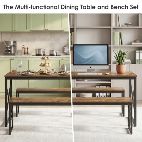 Image of VECELO 43.3 inch Kitchen Dining Table Set for 4, Heavy-Duty Steel Frame & Wood-Grain Tabletop, Space-Saving Dinette Sets with 2 Benches for Breakfast Nook and Small Space, Brown