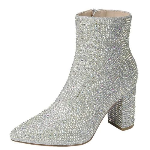 Women Rhinestone Block Chunky Heel Ankle Bootie