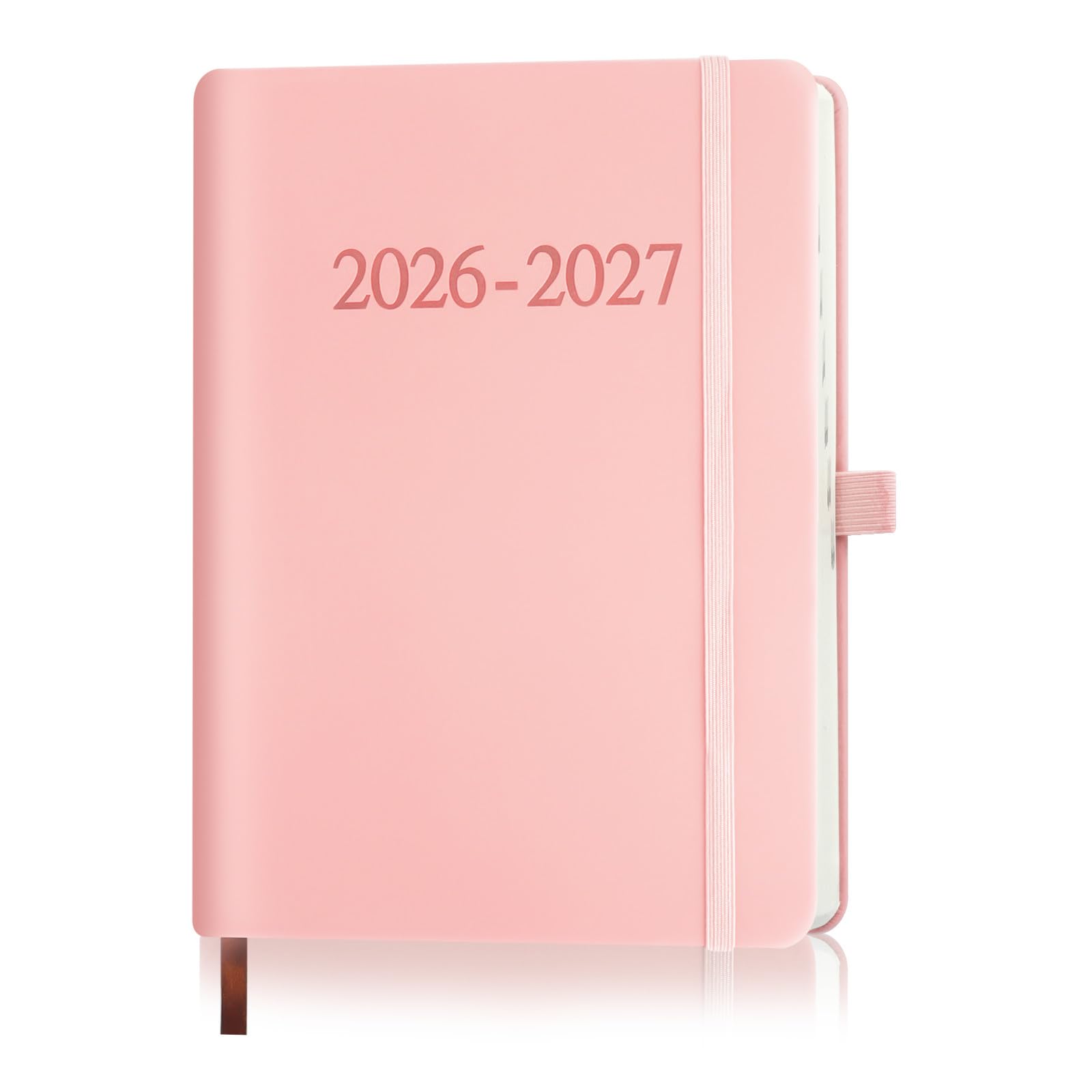 Academic Diary 2026-2027 Page A Day A5 Diary 2026-2027 Day Per Page,from August 2026 to July 2027, Mid-Year Daily Planner for Office School & Work,Pen Loop, Elastic Strap, Faux Leather Cover(Pink)