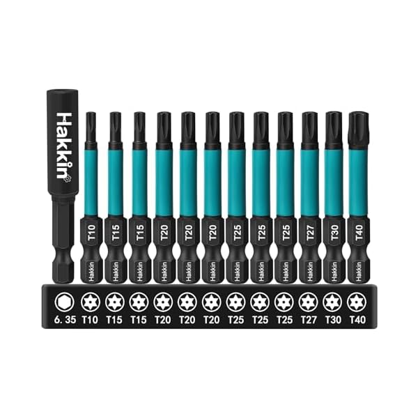 Hakkin 12 Stück Torx Bits Set Lang 55mm Sternschraubenzieher Impact Schraubendreher T-Star Sortiment 1/4" Schlagschrauber Bits S2 Schraubenzieher Bitsatz mit Bithalter T10 T15 T20 T25 T27 T30 T40