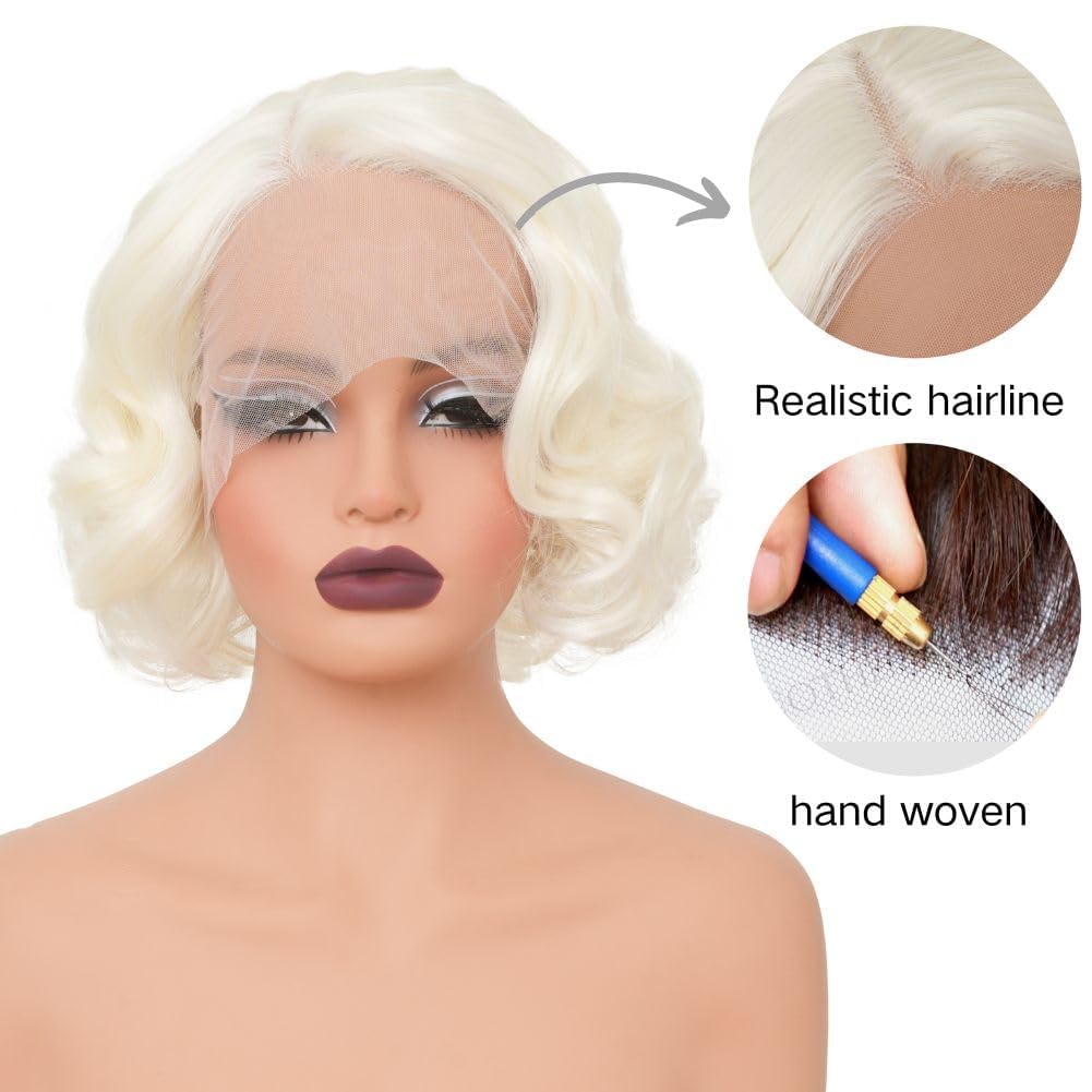 Blonde Short Curly Lace Front Wig for Women Side Part Wig Finger Wave Synthetic Heat Resistant Wigs for Cosplay Costume Daily Use